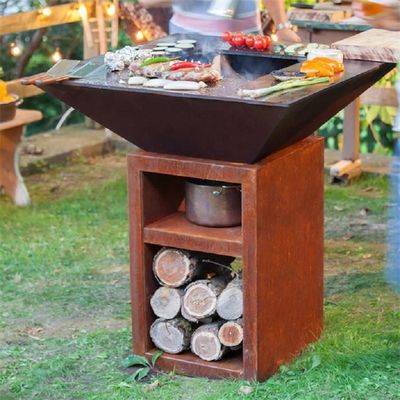 Outdoor Kitchen Tall Base Square Corten Steel Wood Burning Fire Pit Grill