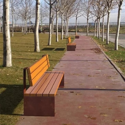 Contemporary Urban Street Rust Finish Corten Steel Bench With Wood Seat